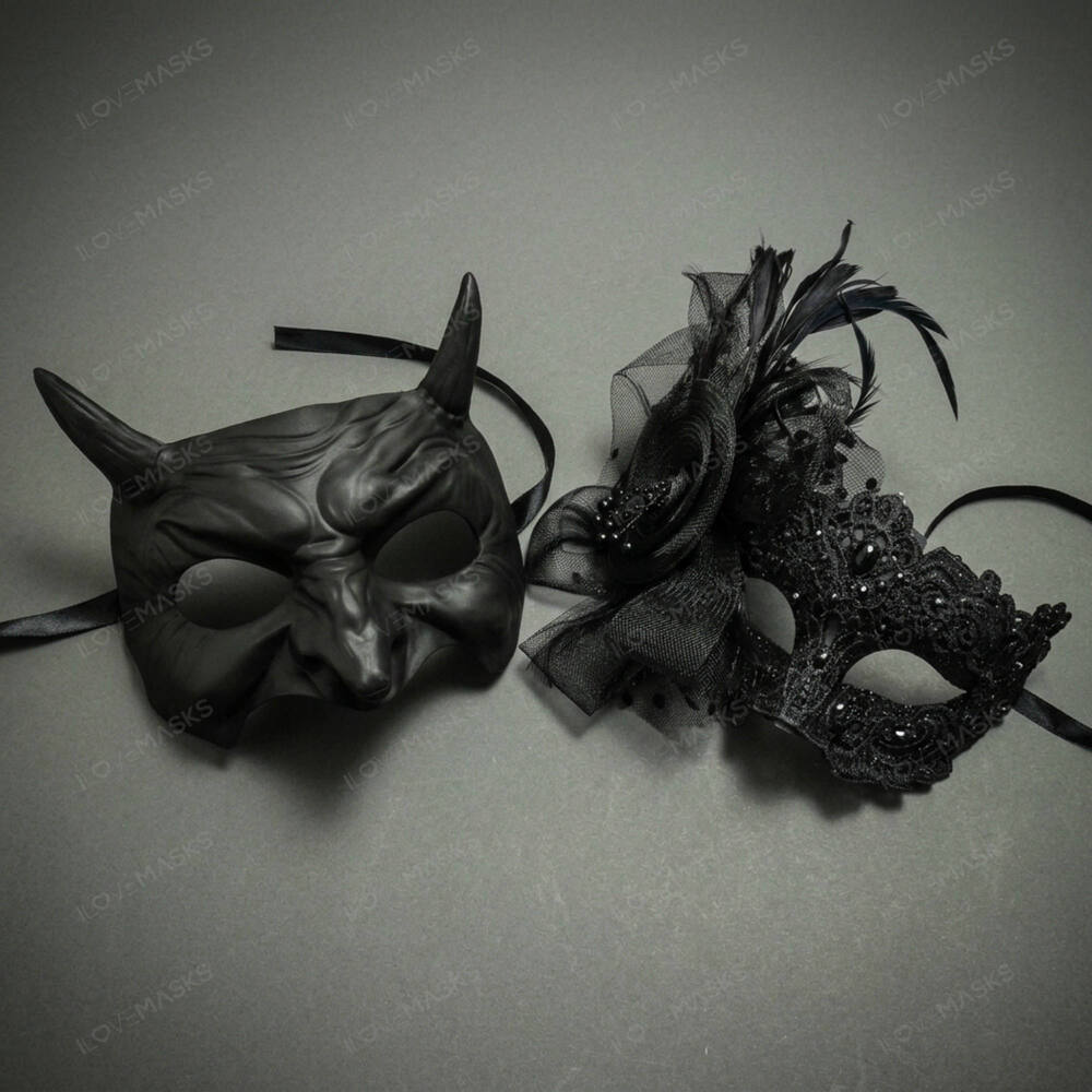 Black Horned Demon Mask & Lace Feather Masquerade Couple Mask Set